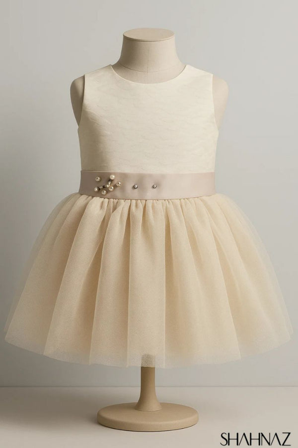 Girls Fancy Frock Net Bow Brown