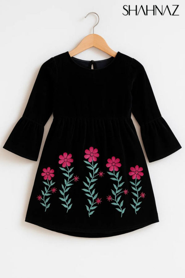 Girls Frock Velvet Bottom Flowers sku07184